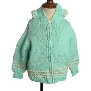 Vintage Handmade Knit Cardigan Sweater 4T Toddler Blue Green Long Sleeves Zipper
